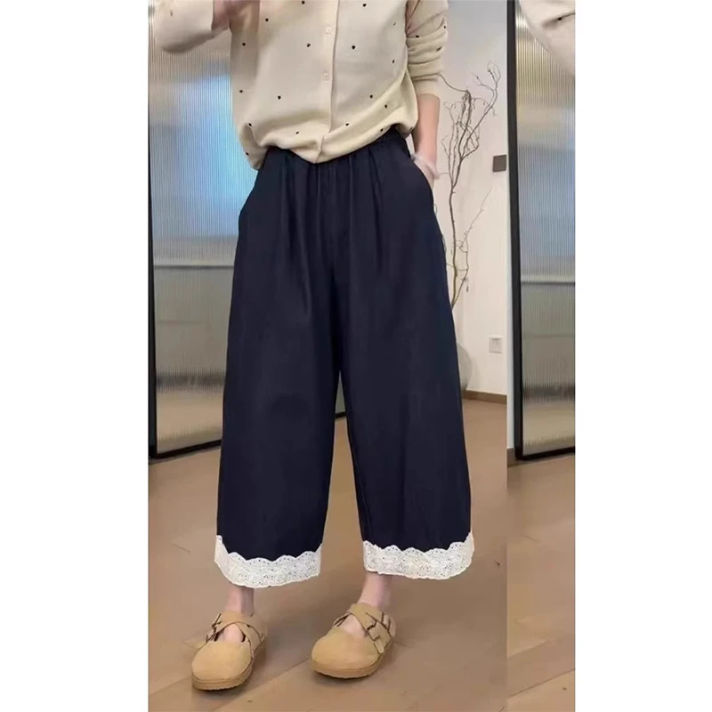 2025春夏季藏青色立体剪裁蕾丝拼接九分裤女设计感气质休闲阔腿裤