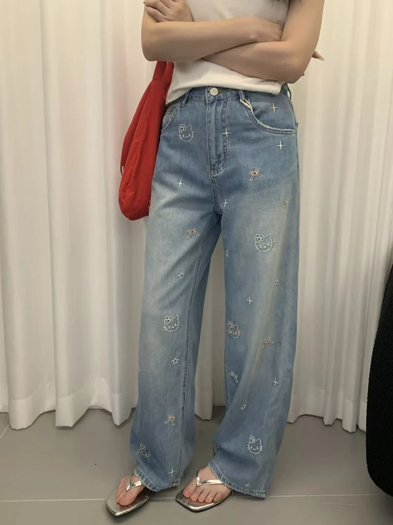 夏季kitty刺绣直筒薄牛仔裤6739