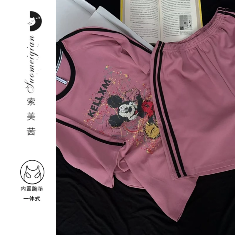 胸垫版睡衣女夏季纯棉短袖短裤时尚可外穿家居服套装（烟花米奇）