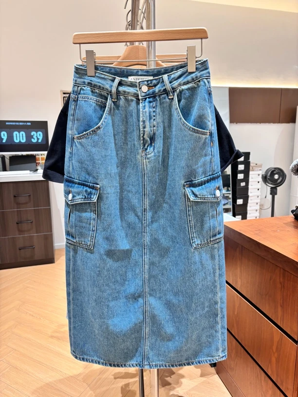 （长裙，日常动作不能太狂野）口袋直筒牛仔裙