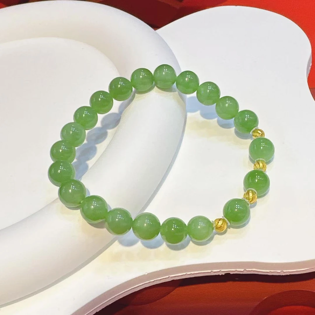 18K金配饰8mm和田玉果绿猫眼手串（多样性发其一）HNZ9565