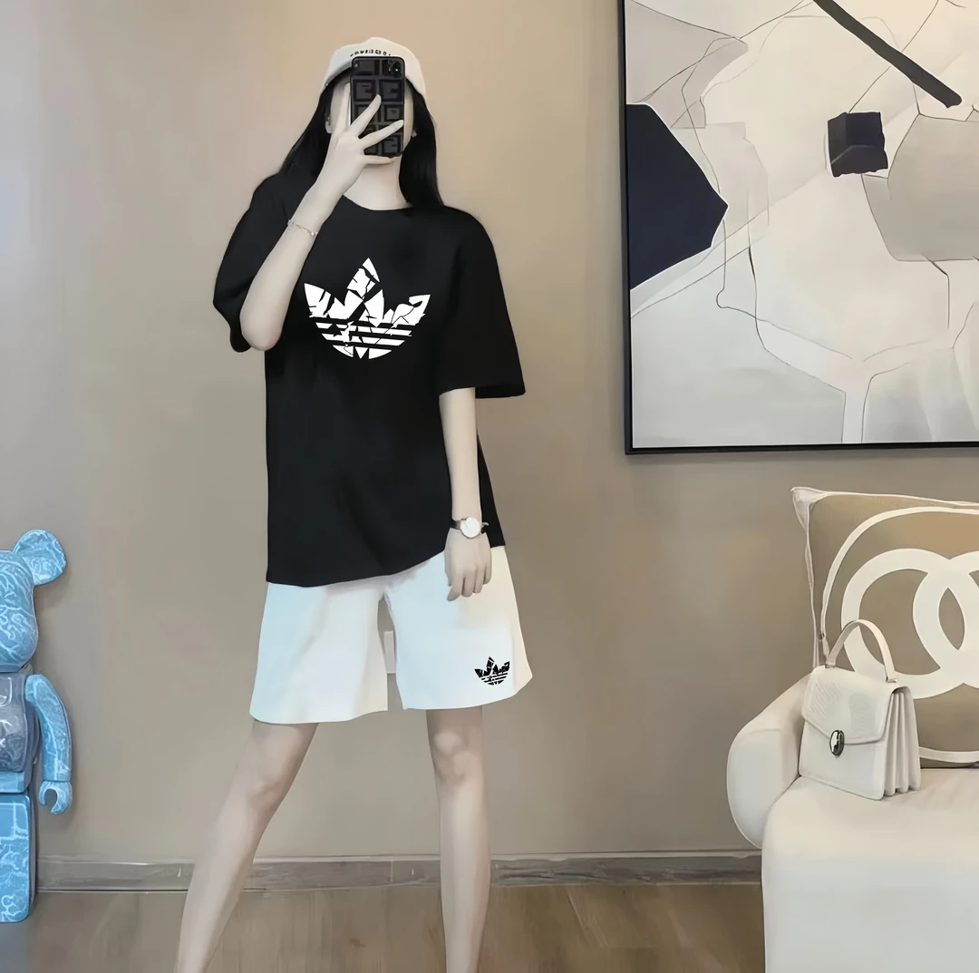 奥莱精选夏季吸湿排汗薄款印花休闲风短裤运动套装女情侣时尚风