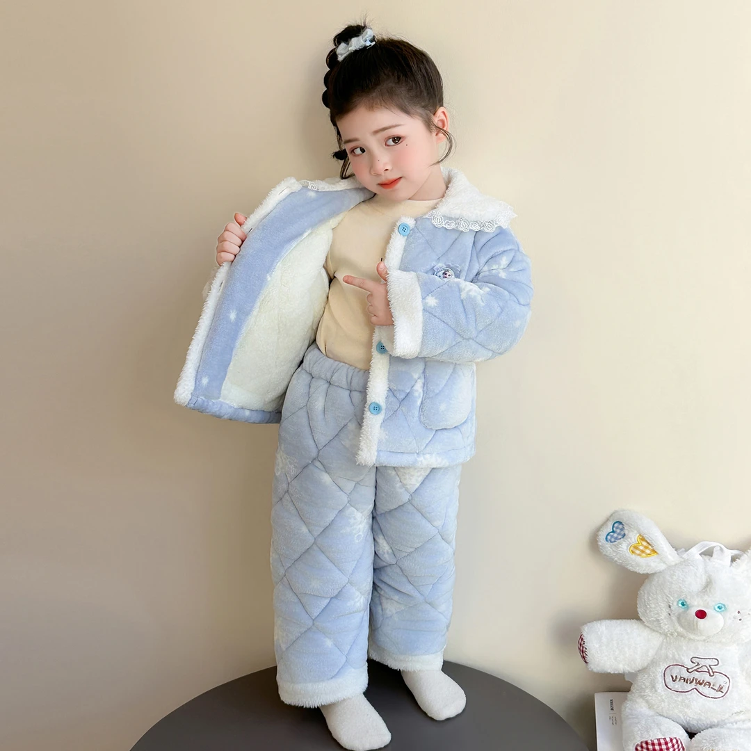 女童三层夹棉睡衣冬季2025新款女宝宝冬款加绒加厚儿童冬装家居服