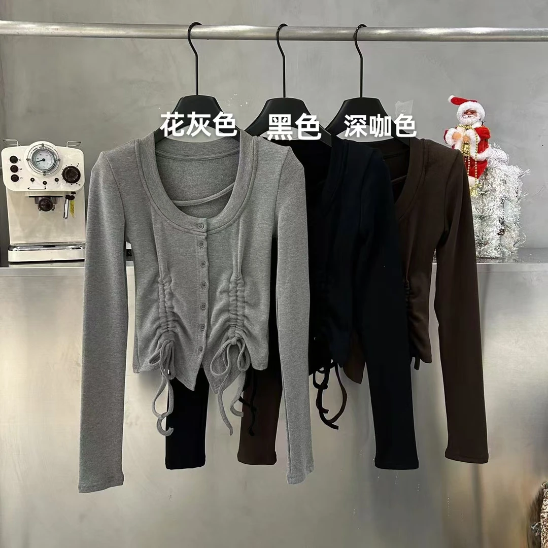 【No退No换  新款U领排扣皱褶抽绳修身短款磨毛上衣 231106