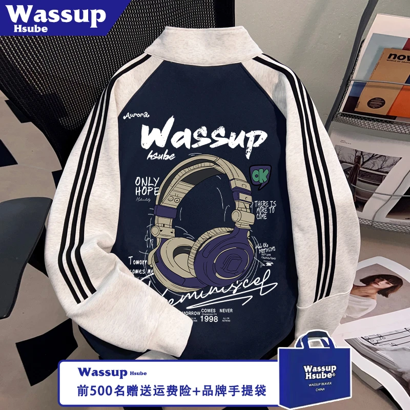 WASSUP HSUBE炫酷耳机印花外套秋季潮流男女款开衫圆领款拉链卫衣