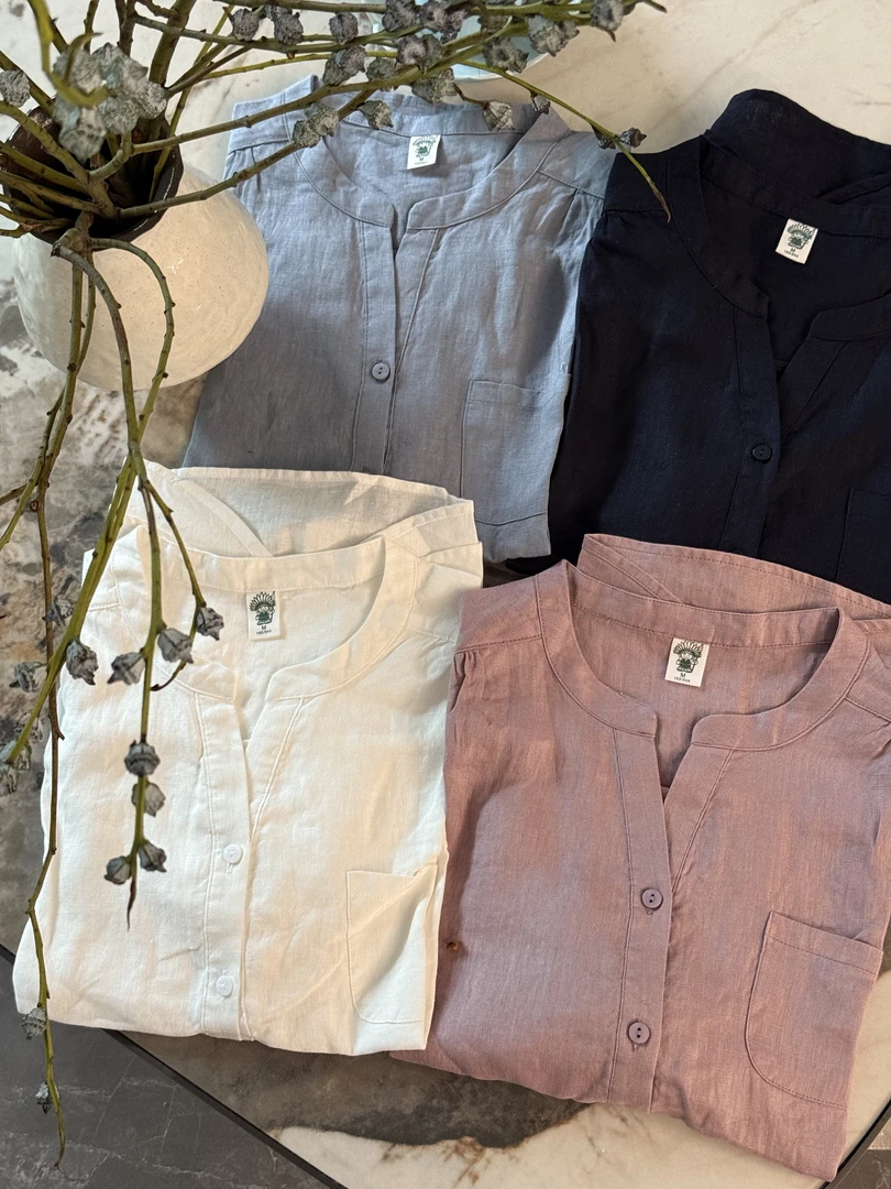 P&C studio 100%纯亚麻剪刀领短袖衬衫