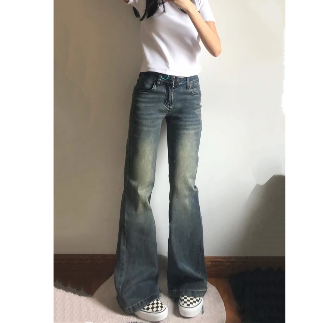 复古低腰微喇牛仔裤女春秋新款显瘦直筒宽松阔腿马蹄裤子女小个子