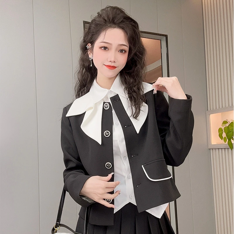 气质黑色复古拼接外套女2024年春季新款单排扣宽松长袖上衣