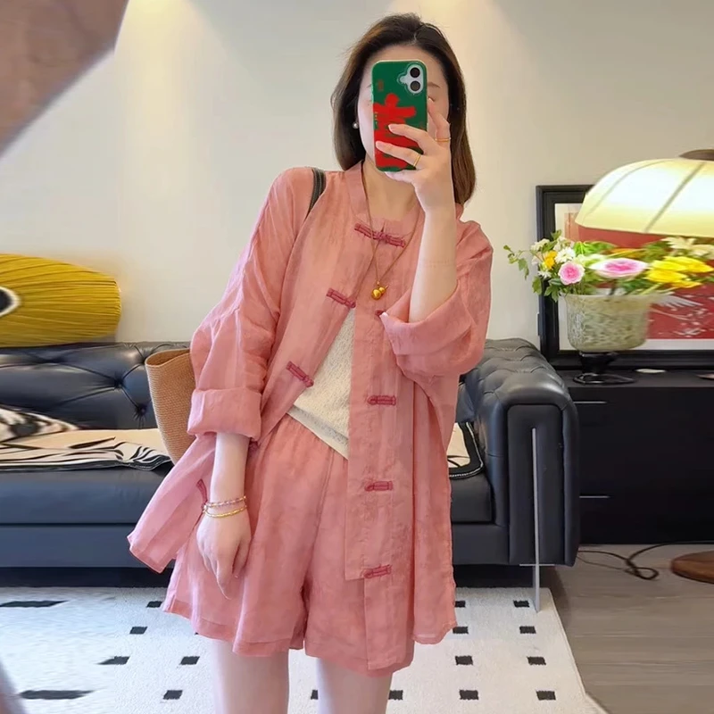 新中式国风防晒套装女2025年夏季新款时尚气质盘扣衬衫短裤两件套