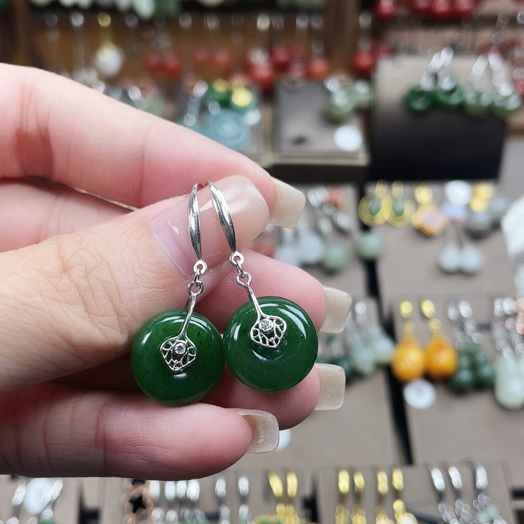 和田玉银S925镶嵌耳饰