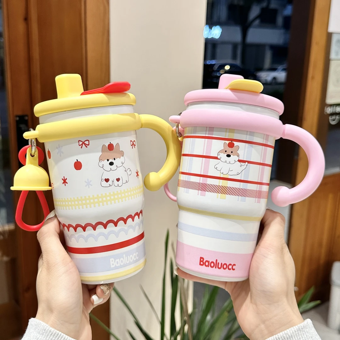 高颜值女生办公水杯大容量内喷陶瓷保温杯双饮带吸管冰霸杯子批发