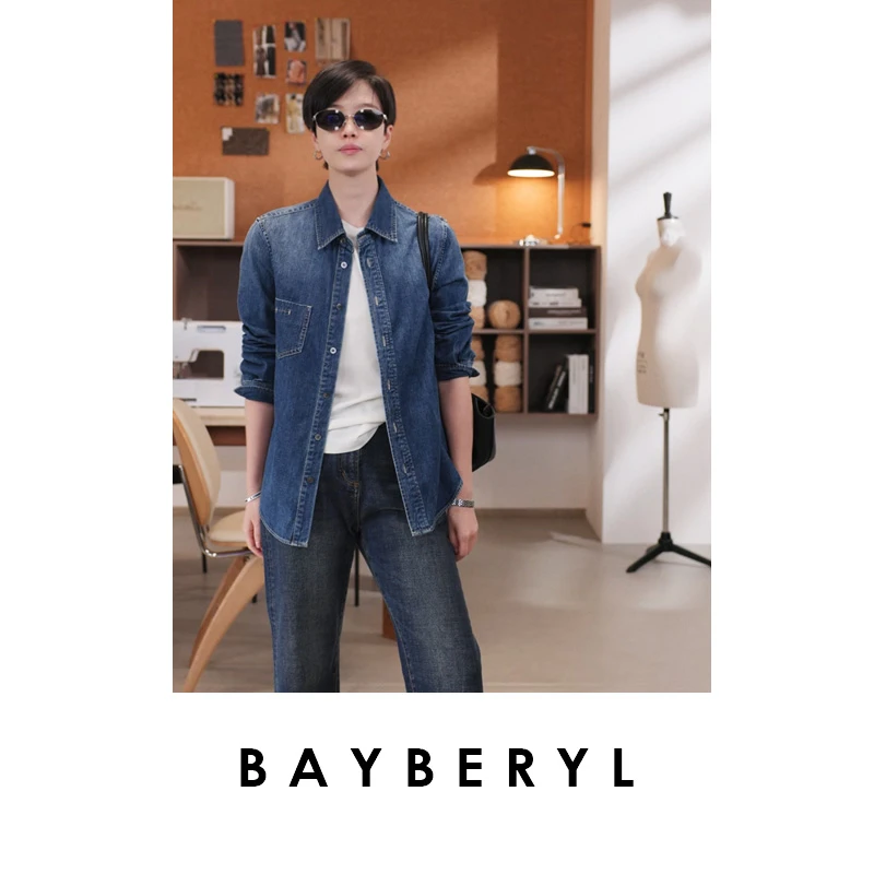 BAYBERYL老贝新复古*牛仔翻领口袋长绒棉休闲衬衫9NCY5G1023-7/11