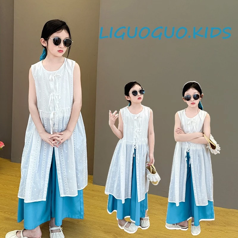 女童夏季2025新款洋气背心韩版开衫长裙休闲宽松裙裤叠穿三件套潮