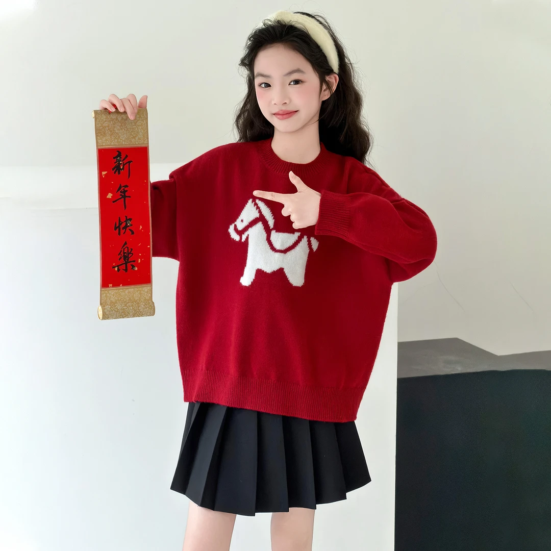 女童马年毛衣冬季2026新款儿童加厚本命年毛线衣女孩大童内搭年服