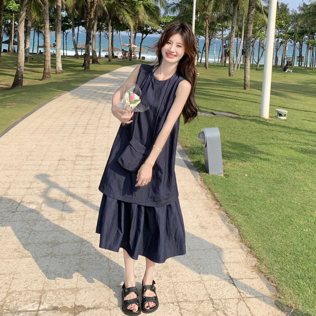 韩系无袖假两件拼接背心裙女2025夏季新款减龄显瘦设计感连衣裙子