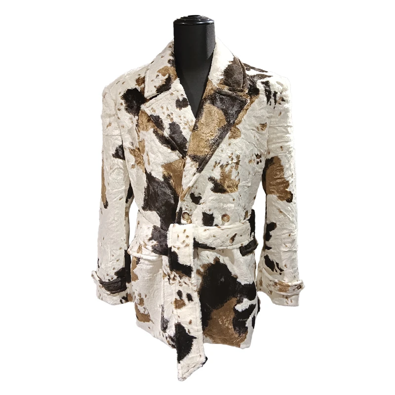 ROKKIHU 法式秋冬高级感奶牛环保皮草复古系腰带撞色慵懒感西服