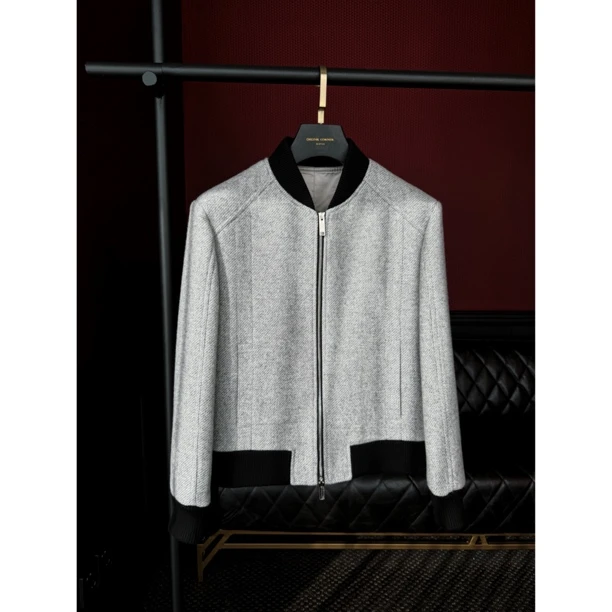 【福利款】DRUNKCORNER 浅灰色棒球领正肩拼色夹克外套单上衣