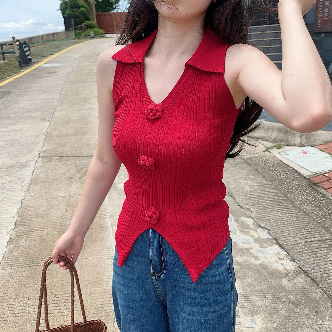 夏季polo复古花朵盘扣针织背心女小众无袖上衣外穿吊带大红色