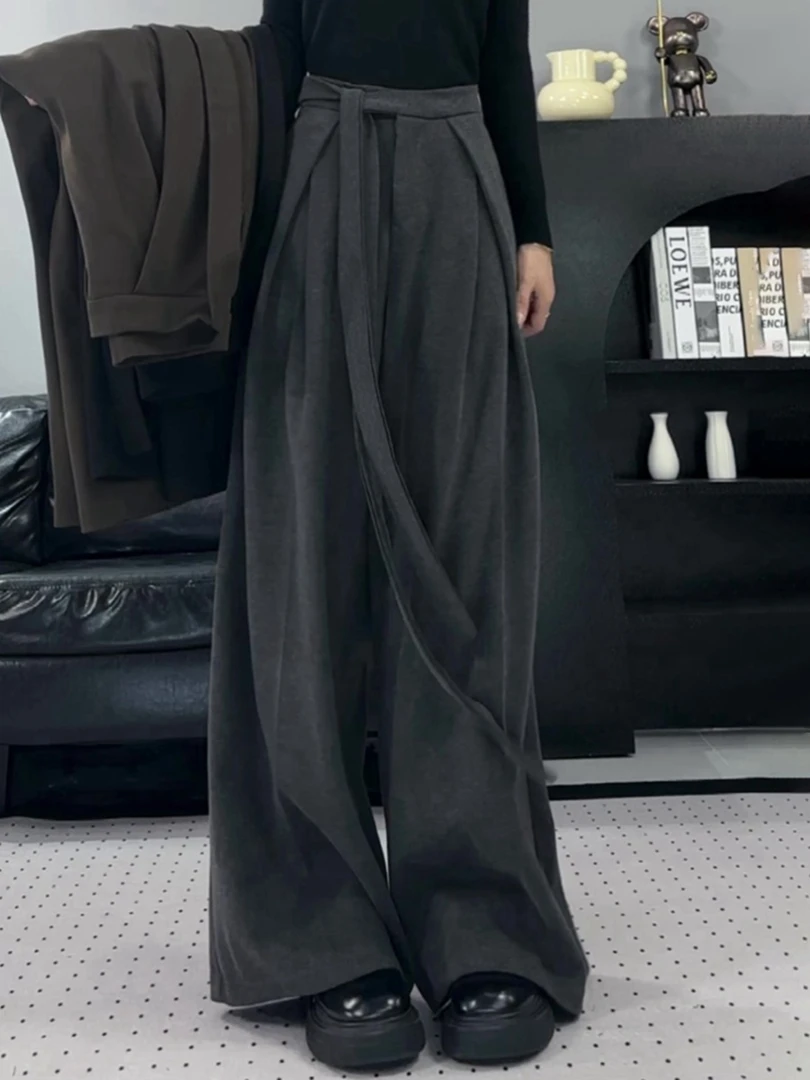 高腰垂感双面绒阔腿西装裤女秋冬2025新款宽松显瘦直筒拖地长裤子