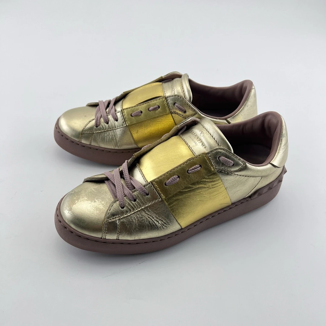 90新 Valentino/华伦天奴 38.5码/金色低帮系带板鞋/13238654