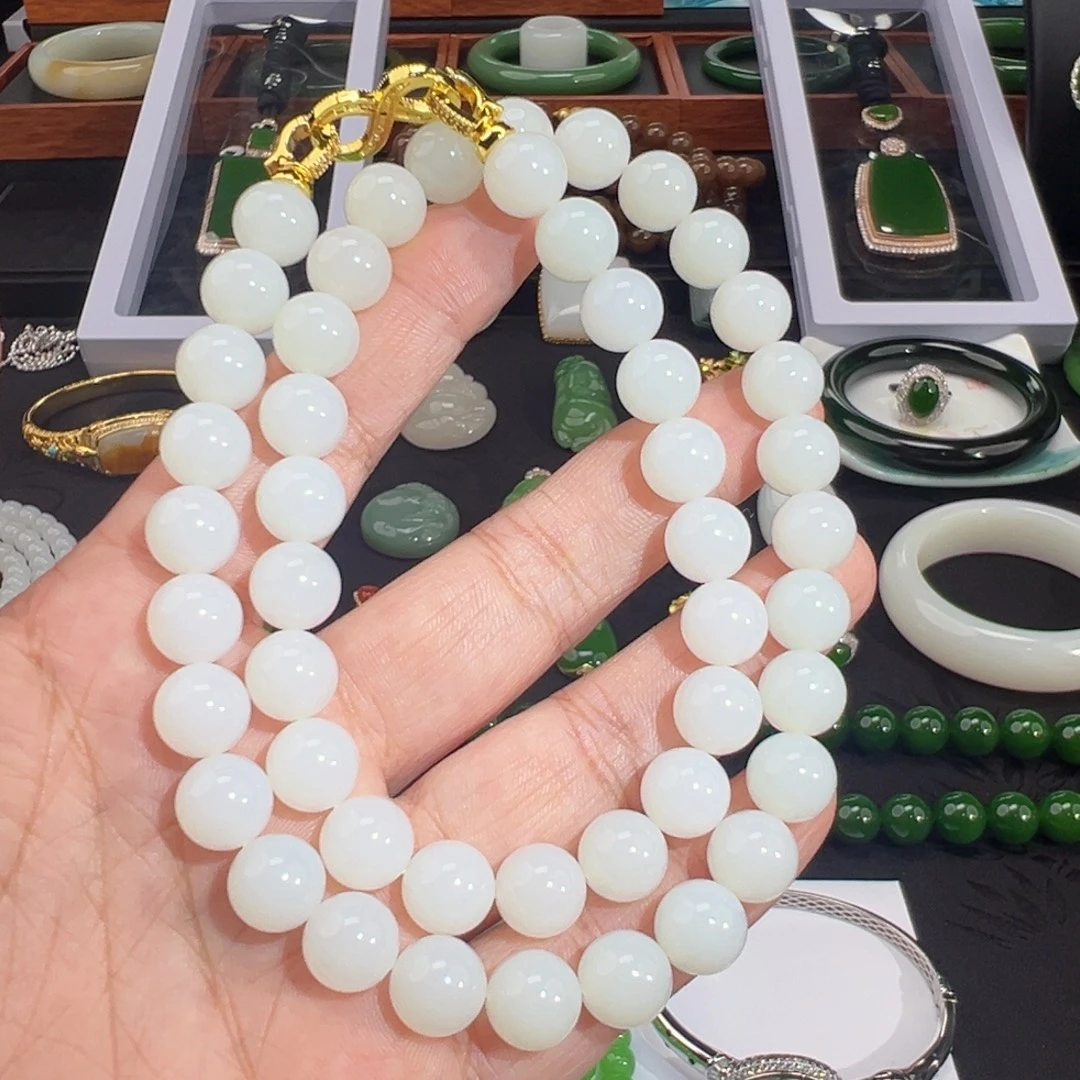 和田玉未镶嵌颈饰老料白玉过灯油膏10mm女神项链