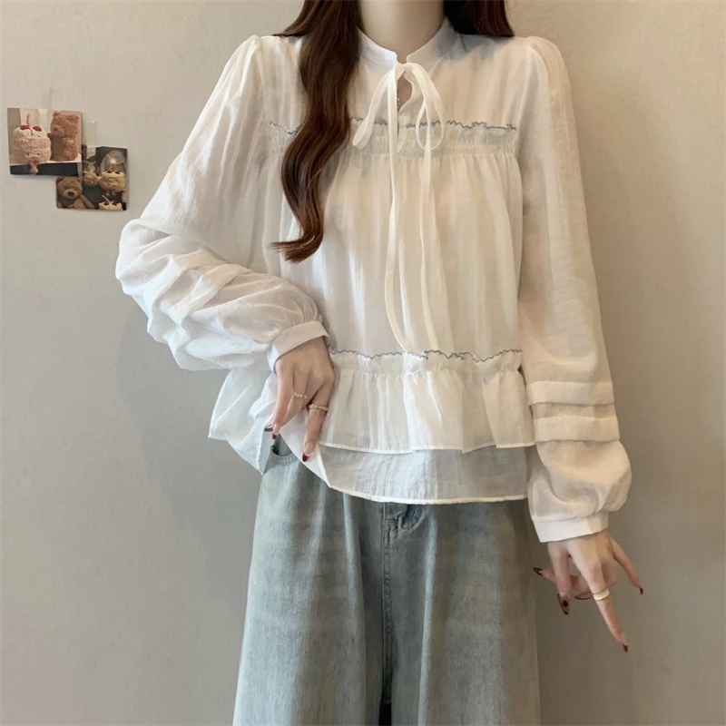 大码女装小清新木耳边系带长袖衬衫春秋新款微胖mm显瘦设计感上衣