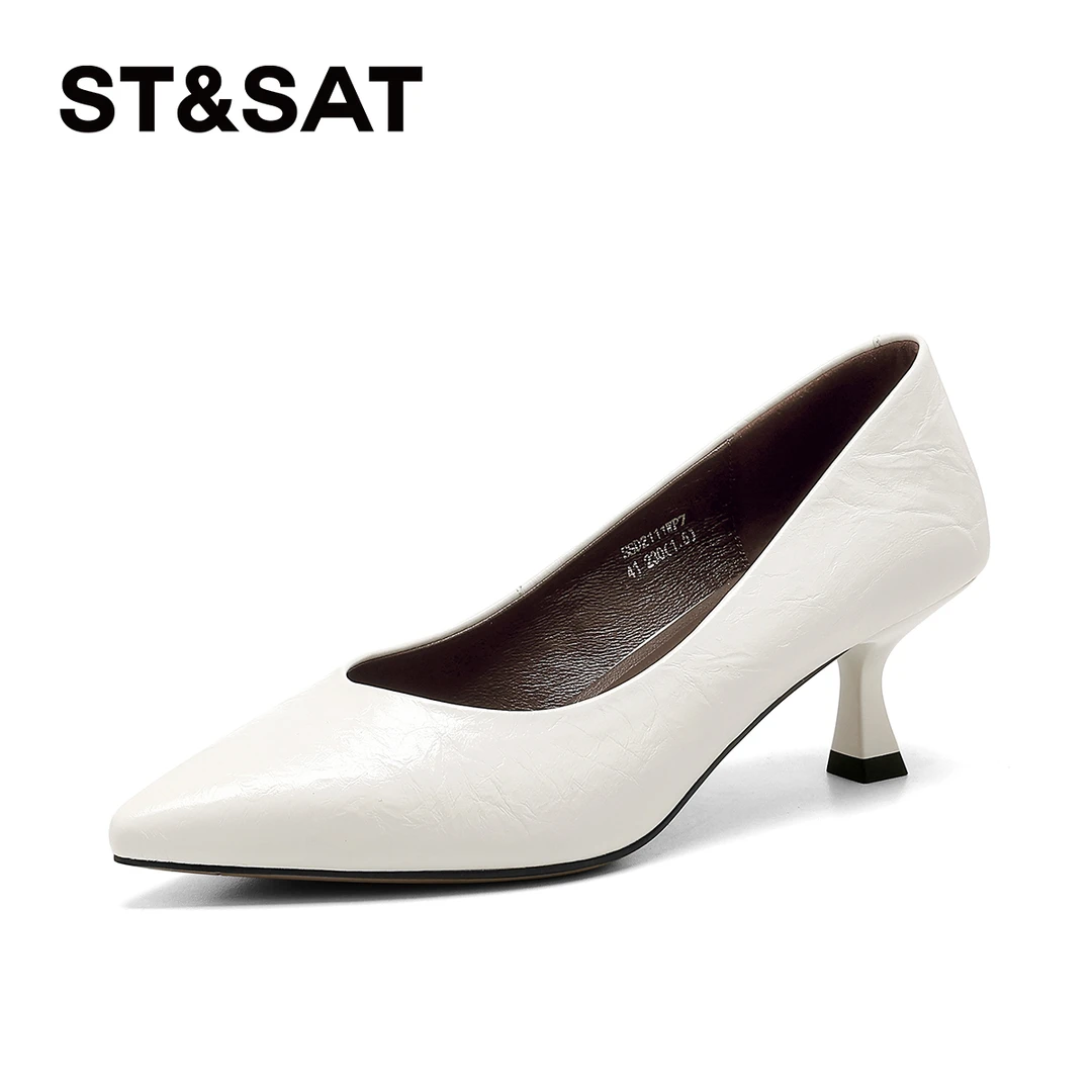 St&Sat/星期六尖头浅口猫跟女鞋漆皮单鞋2025秋季新款时尚高跟鞋