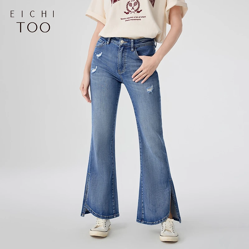 A爱居兔夏季牛仔裤脚口感复古时尚喇叭裤EKNAJ2N801A