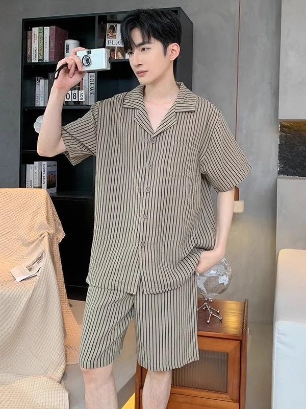 睡衣男士夏季短袖短裤云朵棉夏天条纹男款大学生可外穿家居服套装