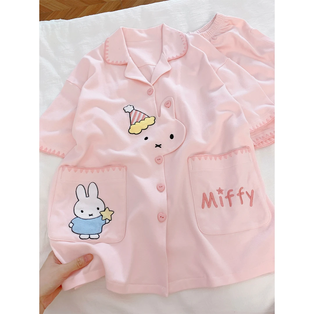 睡衣女夏季纯棉短袖粉色翻领可爱米菲兔刺绣宽松可外穿家居服套装