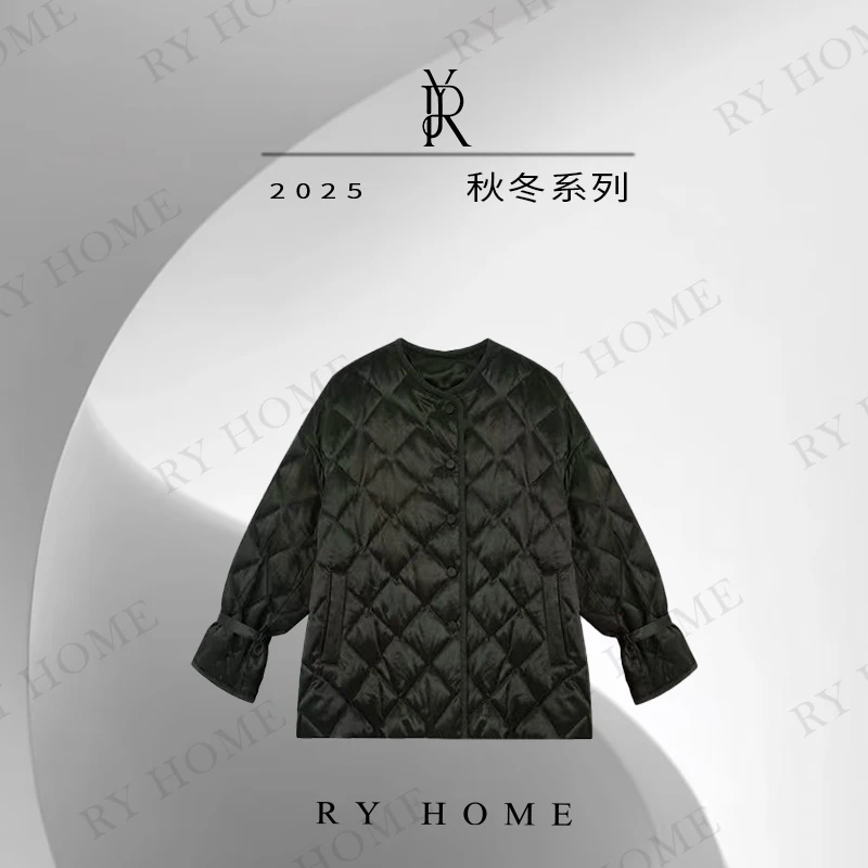 【容雨RYHOME】醋酸鹅绒~圆领立体菱形格中长款鹅绒服外套244YF1216