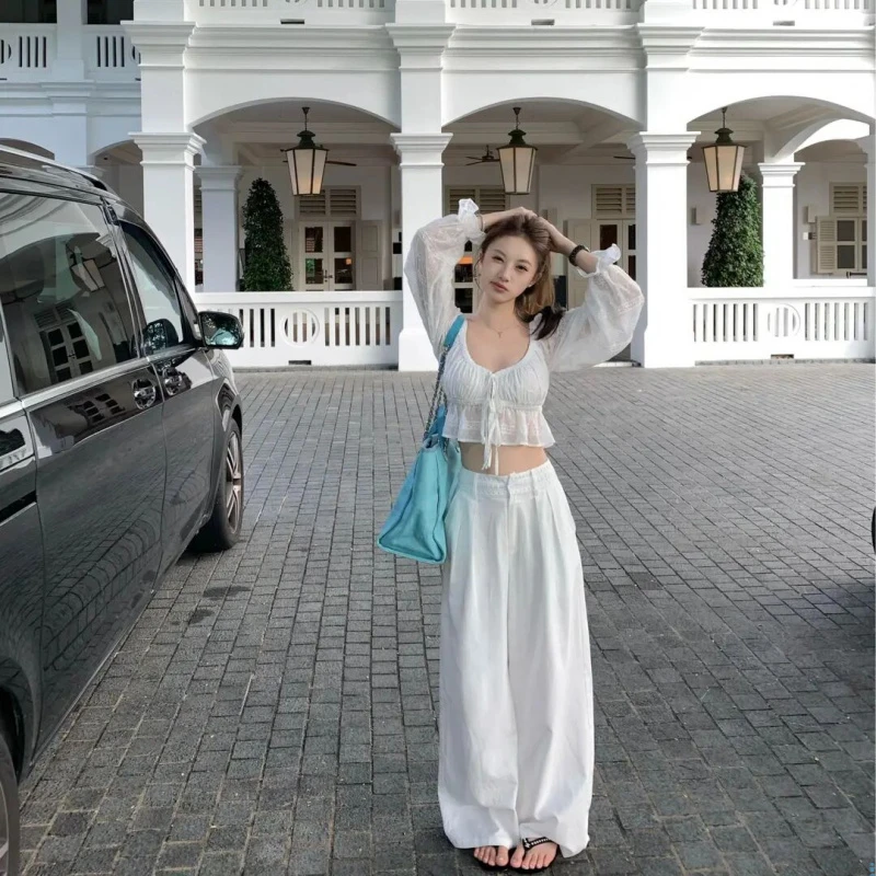 常规款显瘦防晒泡泡袖甜美白色高腰短款休闲百搭夏季宽松直筒薄款