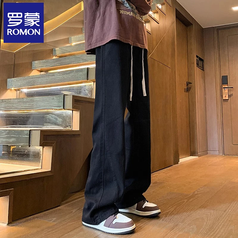 罗蒙春秋弯刀微喇牛仔裤男款美式高街潮流百搭裤子直筒黑色喇叭裤