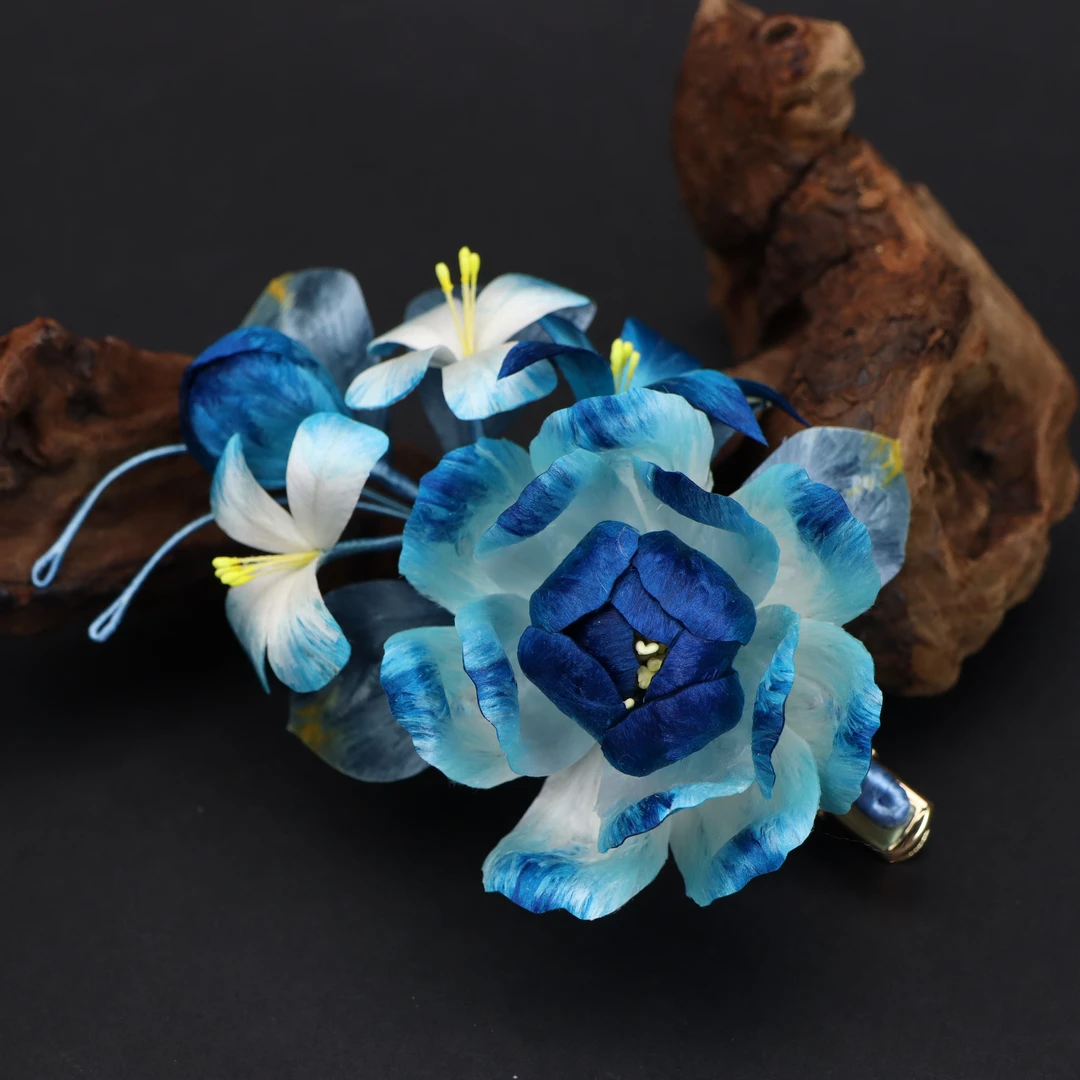 【洛阳花】非遗绒花蓝牡丹发夹古风百搭头饰发饰超仙桑蚕丝