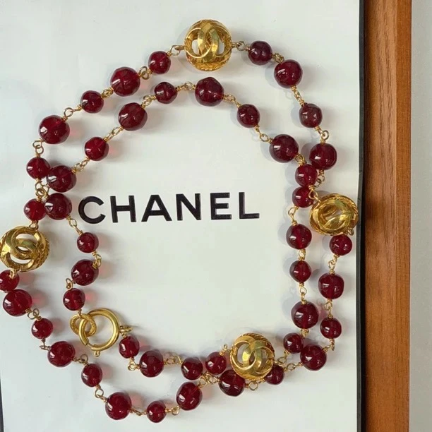 95新 Chanel/香奈儿 vintage香奈儿中古金球红琉璃项链（补差链接）