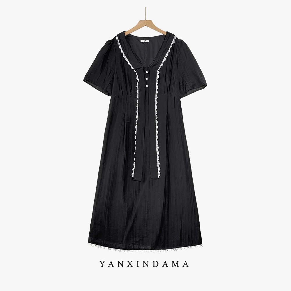 【岩心】大码女装300斤胖MM时尚设计感短袖V领系带连衣裙66898