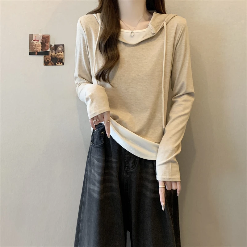 大码女装2024秋季新款显瘦抽绳假两件连帽长袖上衣1515