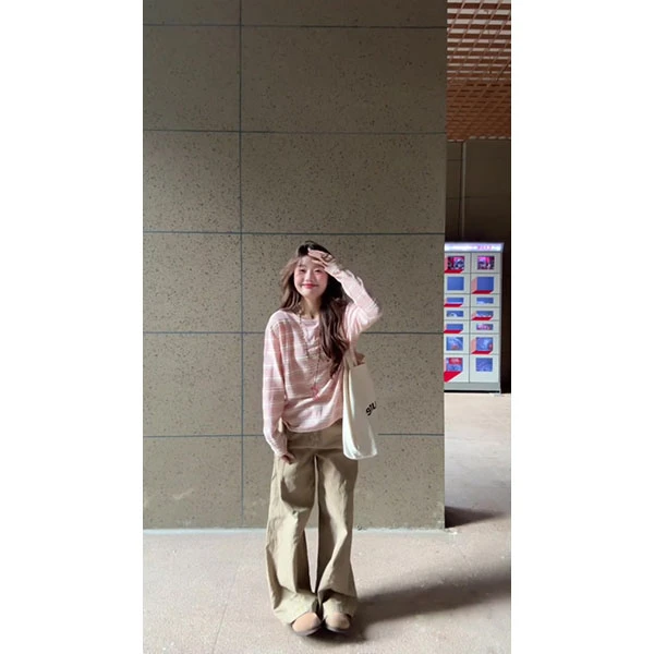 慵懒风套装女宽松粉色条纹长袖T恤夏季宽松休闲裤两件套