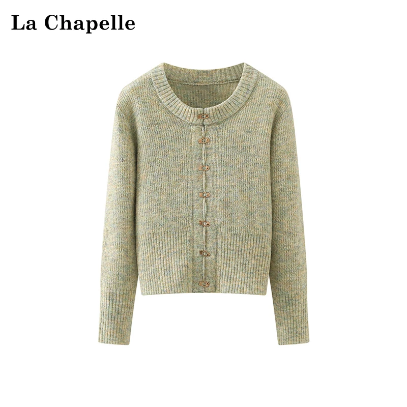 拉夏贝尔新中式国风圆领金色盘扣设计感复古针织开衫毛衣春季新款