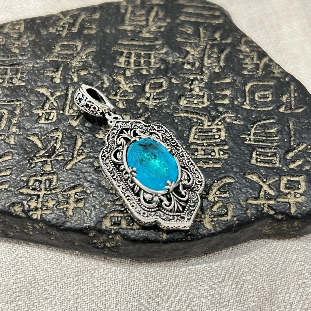 吊坠925银 M8290 蛋形蓝色珠珠唐草纹盾牌吊坠复古百搭民族风国风