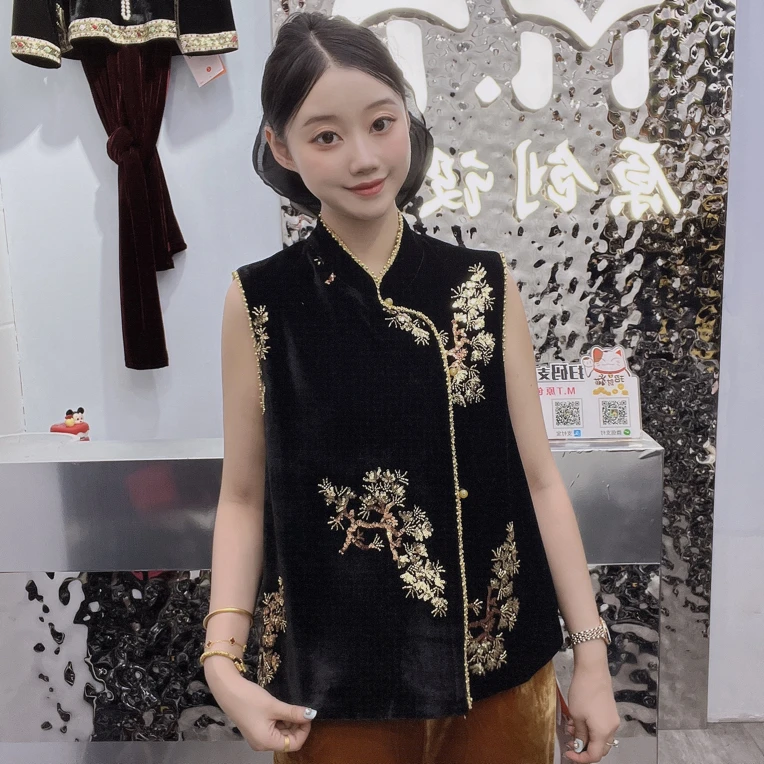 新中式国风重工发财树亮片串珠斜襟夹珠丝绒马甲民族风女