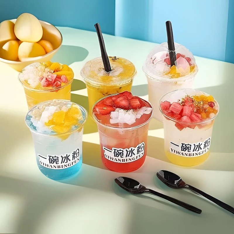 【送贴纸】冰粉加厚打包杯500ml高脚杯一次性嘟嘟杯透明外带奶茶杯