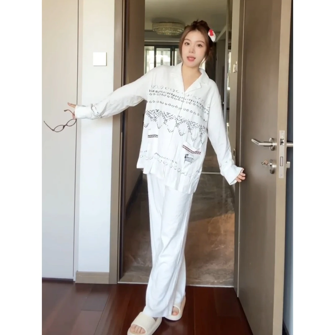 韩版简约衬衫长袖睡衣女款春秋2025新款宽松长裤家居服套装可外穿