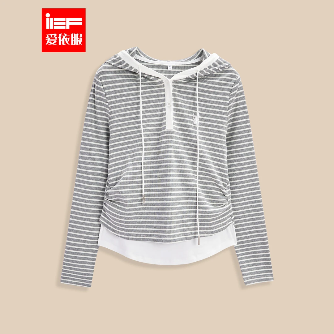IEF/爱依服2025春季新款韩版风条纹显瘦假两件设计卫衣欧若风