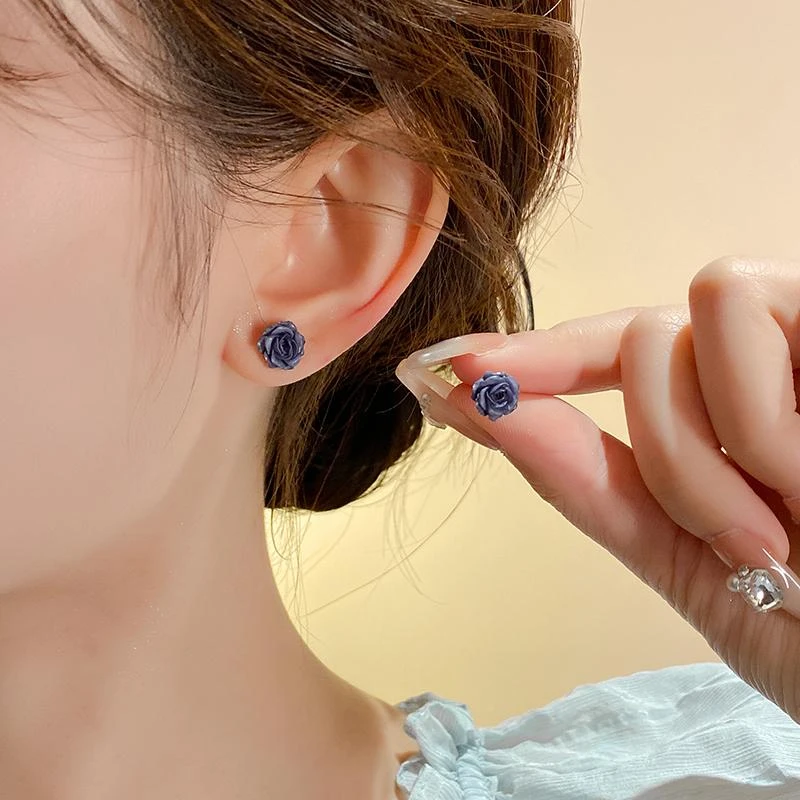 非金属树脂耳饰 烟雾紫玫瑰花朵耳钉简约百搭小巧气质高级感耳环