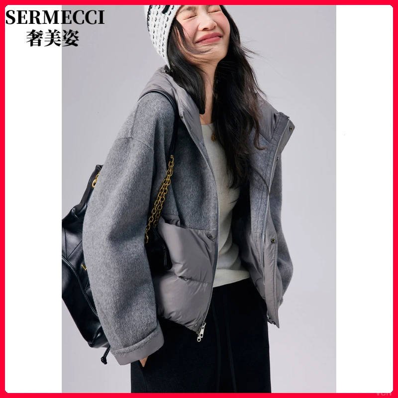 设计款轻奢双面呢羽绒服女2025新款高级感连帽拼接短款羽绒外套冬