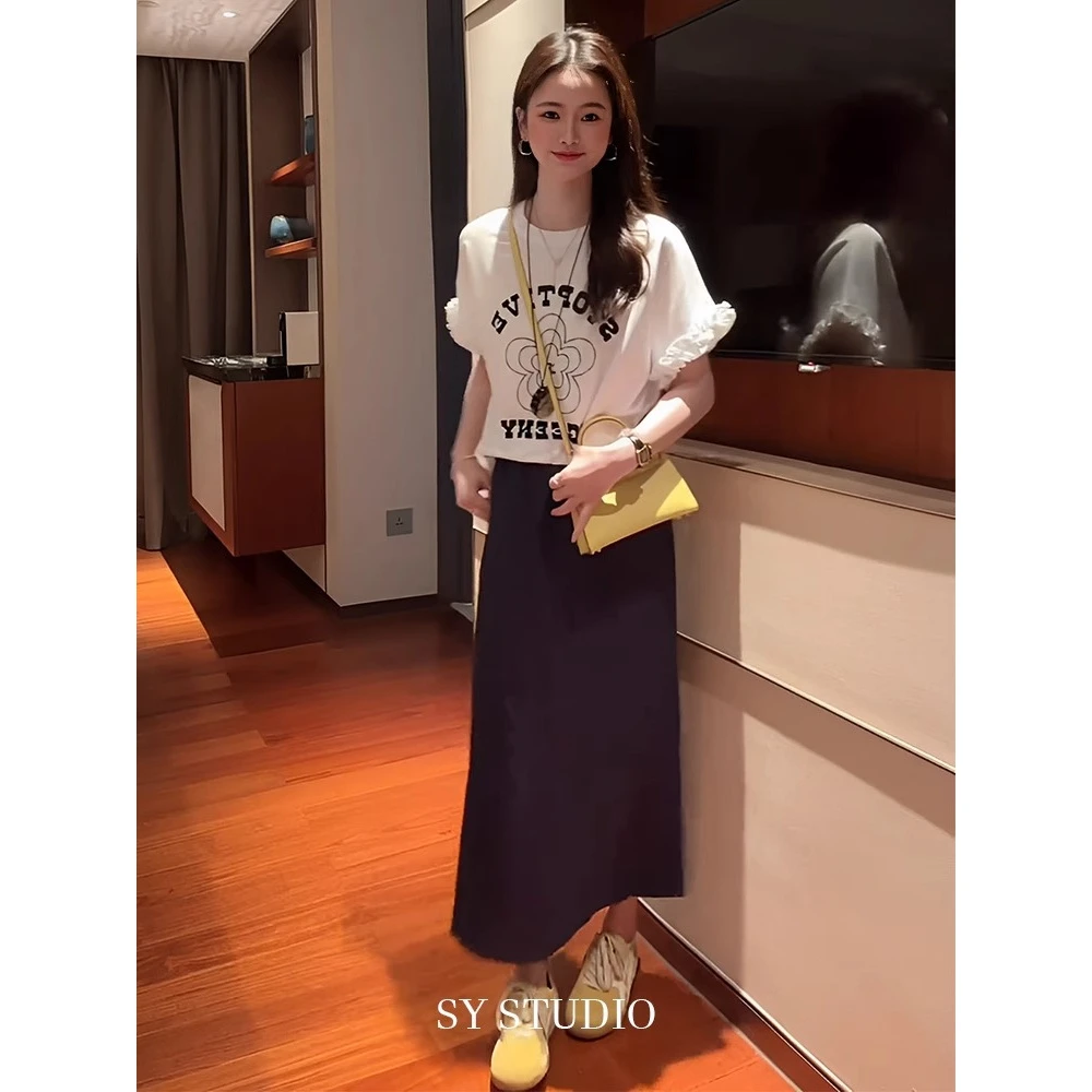 2025超火夏装一整套花朵刺绣字母印花T恤女休闲百搭半身裙两件套