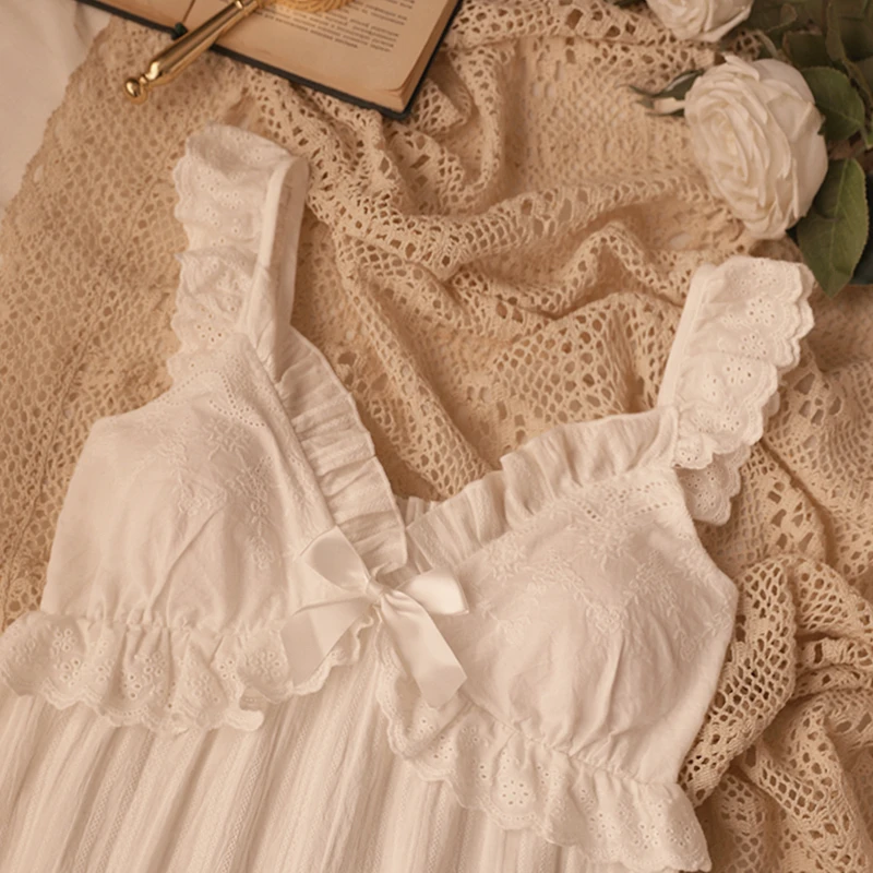 日系の甜美纯棉睡衣女夏季带胸垫bar蕾丝吊带性感薄款战袍无袖睡裙