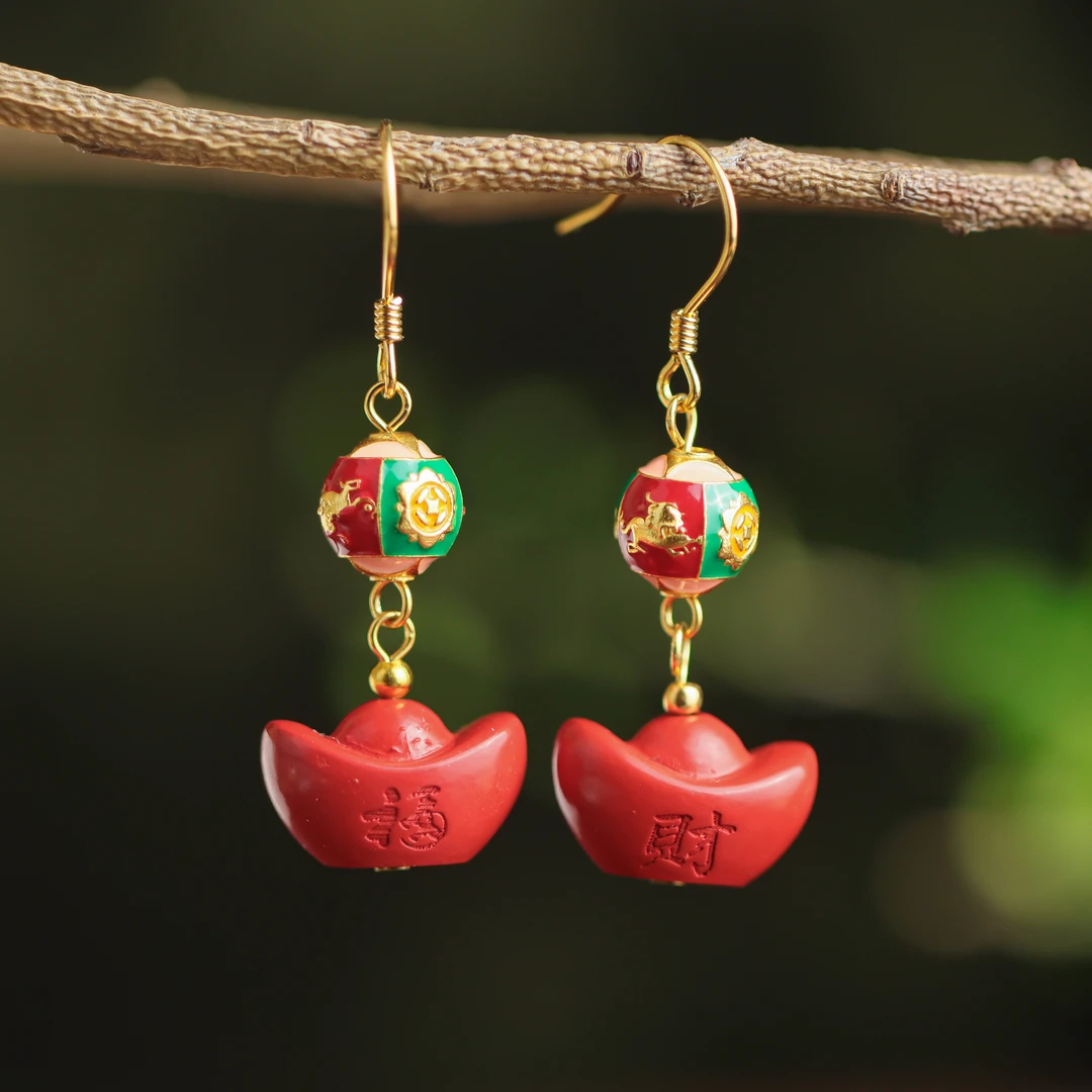 含辰砂工艺品S925银镀金镶嵌朱砂工艺品元宝女款耳坠
