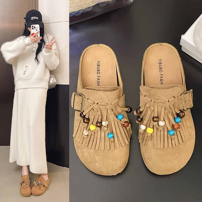 流苏平底底勃肯拖鞋女外穿2025秋季新款复古百搭增高包头休闲潮流